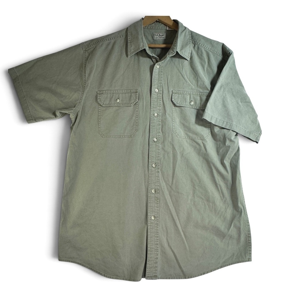 LL Bean Mens Large Tall Short Sleeve Button Down Utility Shirt Sage Green VTG - Picture 2 of 10
